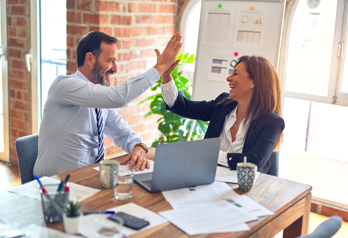 Friendly colleagues working together in an office